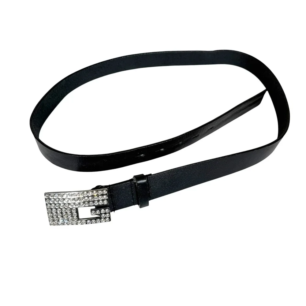 Guess Women's Black Genuine Leather Belt‎ Rhinestone G Logo Buckle Extra Large